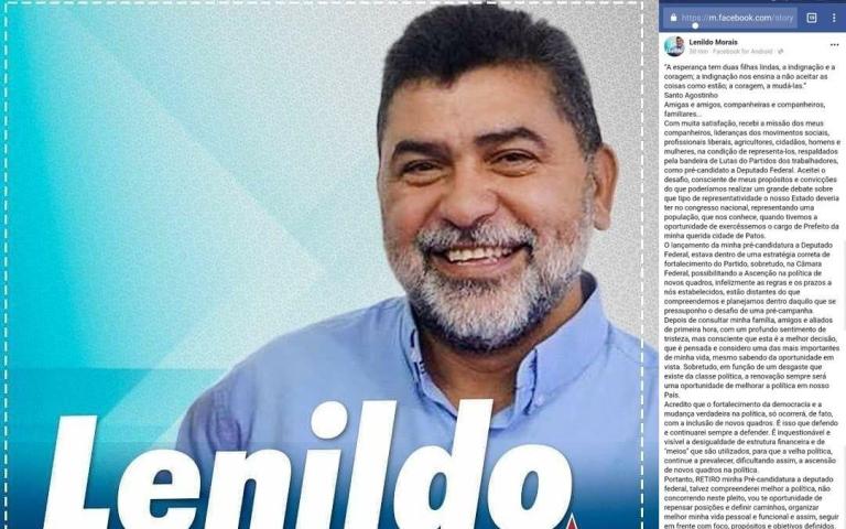Lenildo Morais retira pré-candidatura a deputado federal. Veja o anúncio