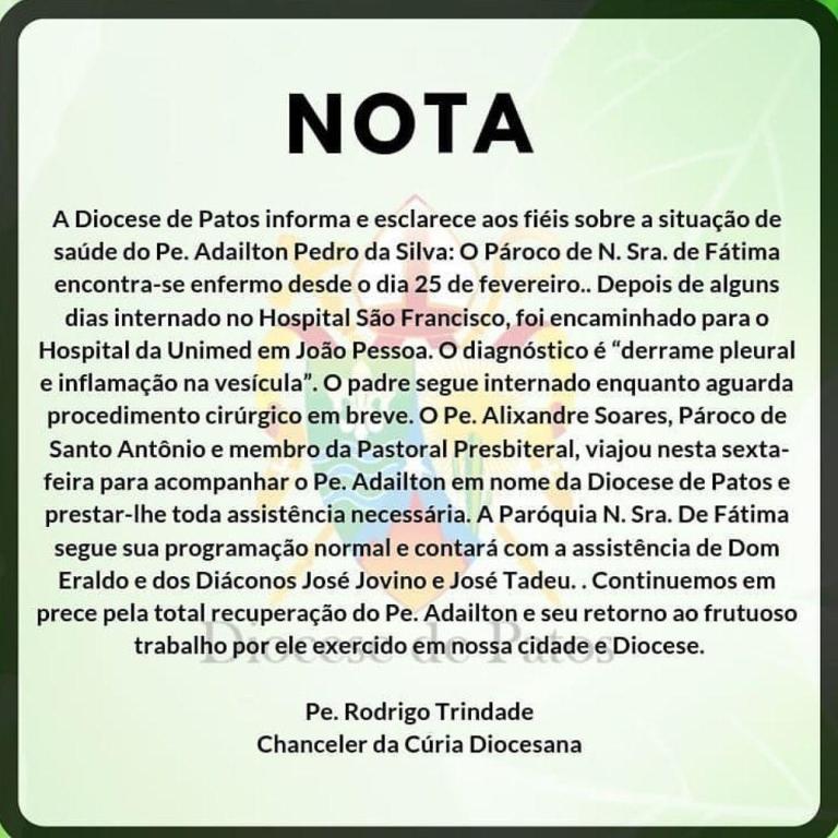 Diocese de Patos divulga nota sobre o estado de saúde do padre Adailton Pedro