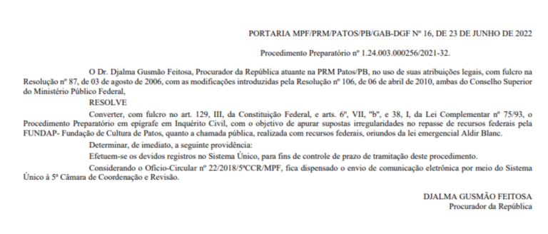 MPF vai investigar FUNDAP por supostas irregularidades no repasse de recursos da Lei Aldir Blanc