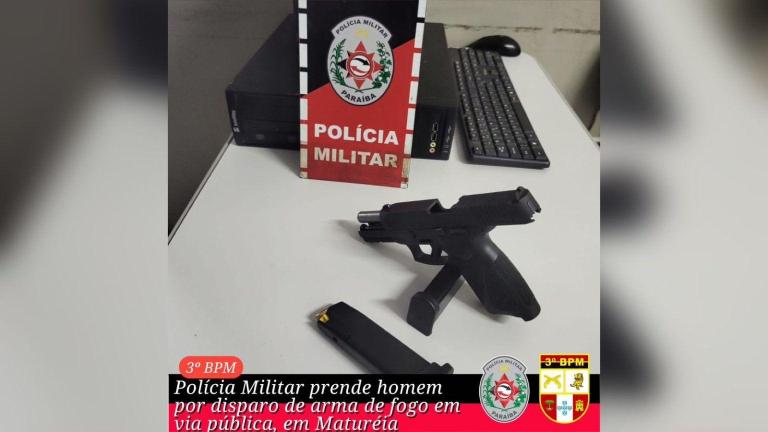 Polícia Militar prende homem por disparo de arma de fogo em via pública, em Maturéia